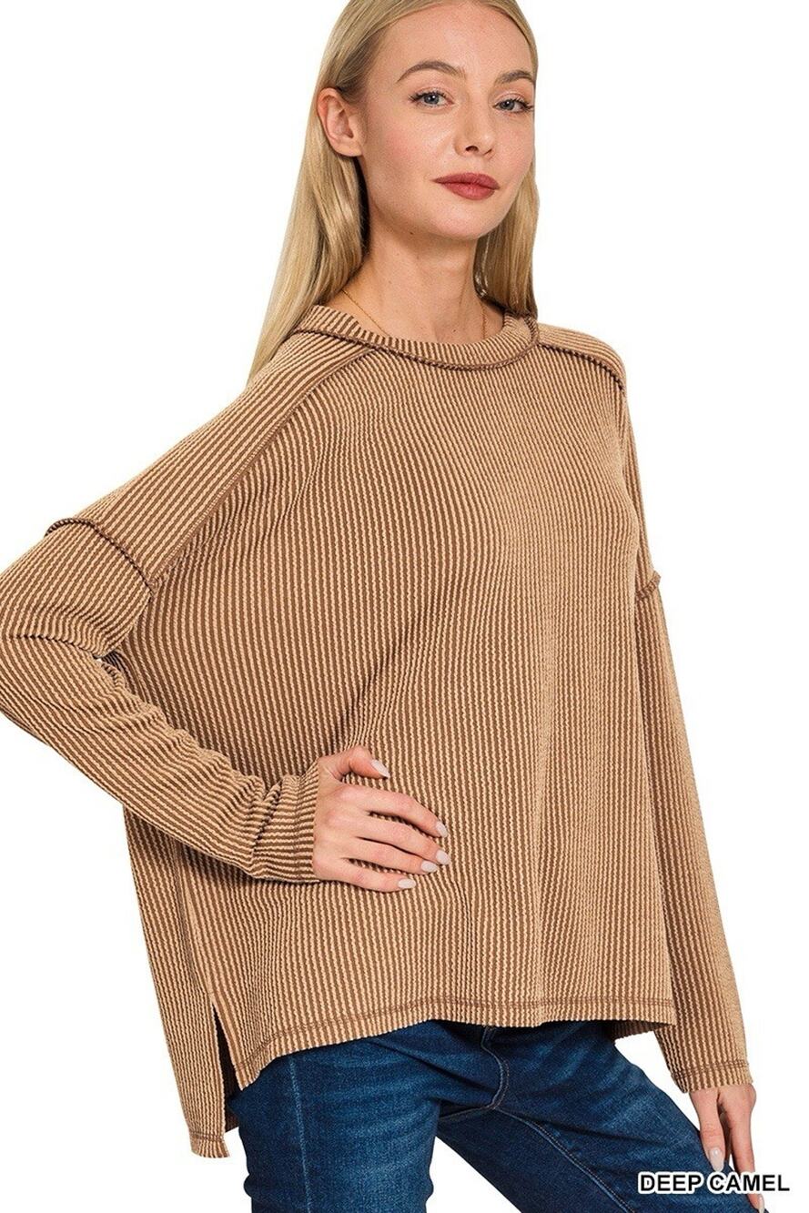 ZENANA RAISED RIB RAW EDGE BOAT NECK LONG SLEEVE TOP